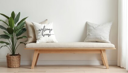 Wooden bench with decorative pillows and green plant creates a warm and inviting entryway ambiance. It is a place to sit and relax or store shoes.