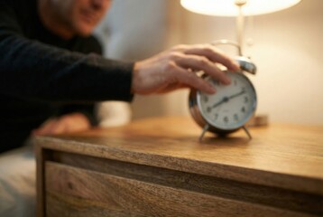 A man leans over to adjust the alarm clock on a wooden nightstand while the lamp lights up the room. He seems focused on the time as morning begins