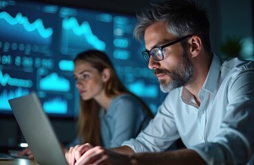 Man, woman analyze data on laptop screens in modern office with glowing digital charts on background. Team works together on tech project in dark room. Focused colleagues collaborate on business