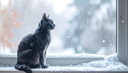 Gray cat sits by a window, watching snow falling outside