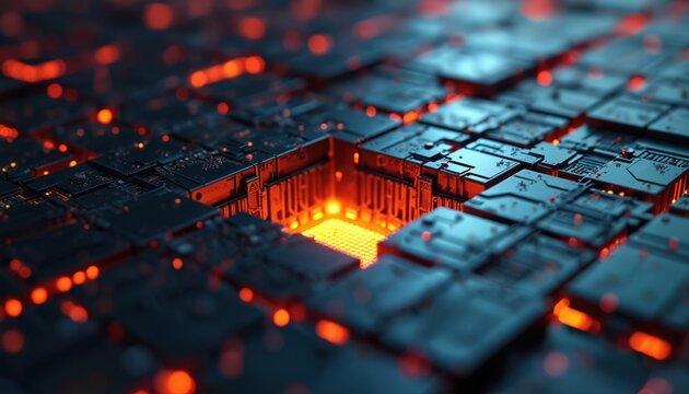 Futuristic circuit board with glowing orange core, representing advanced computing and data security. Networks of lines and lights suggest digital connectivity and innovation in tech. - Powered by Adobe