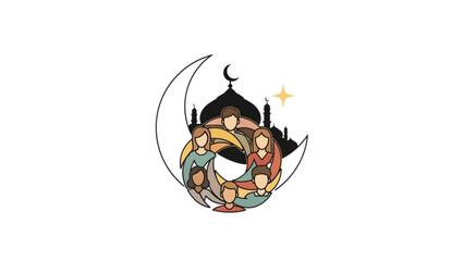 Colorful family illustration sitting together inside crescent moon with mosque