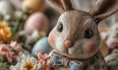 Adorable Easter Bunny Figurine Surrounded by Colorful Eggs and Flowers in Still Life Scene
