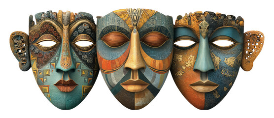 Abstract Carved Faces in Unique Design with Vibrant Colors and Artistic Features