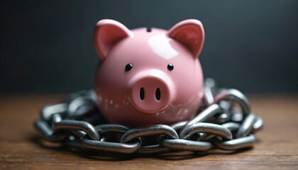 Pink piggy bank is wrapped in a thick metal chain. This signifies financial problems like debt savings issues or investment risks. Money security is restricted.