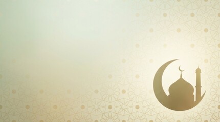 Elegant Islamic background featuring a golden mosque silhouette and crescent moon, ideal for spiritual greetings, Ramadan, Eid Mubarak, and religious celebrations, evoking peace and reflection