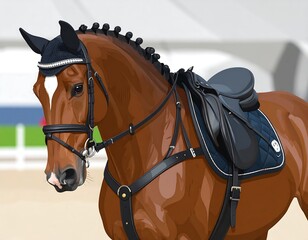 A digitally rendered equestrian horse with detailed tack. It shows a close-up of the horse head and saddle