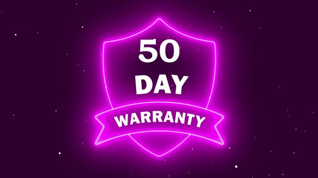 A vibrant neon pink shield icon displaying '50 Day Warranty' text in white, featuring a glowing outline and ribbon on a dark background, ideal for digital interfaces, gaming, and e-commerce.