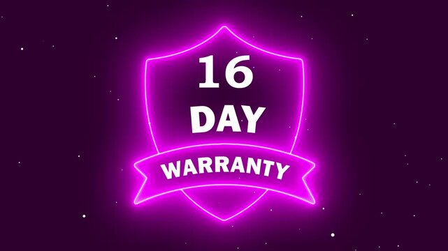 16 Day Warranty Badge with Glowing Neon Shield Icon on a Dark Starry Background for E-commerce and Retail