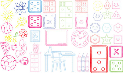 Collection of colorful stitched outline icons representing various school and playtime objects for educational design projects