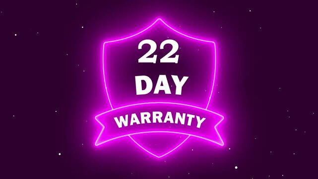 A vibrant purple neon shield icon featuring '22 Day Warranty' text on a ribbon, designed as a glowing digital label for e-commerce guarantees and product protection.