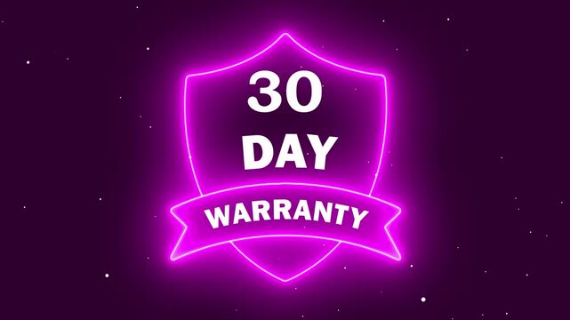 A vibrant pink neon shield icon with the text '30 Day Warranty' glowing against a dark background, representing a customer satisfaction guarantee and product quality assurance for e-commerce.