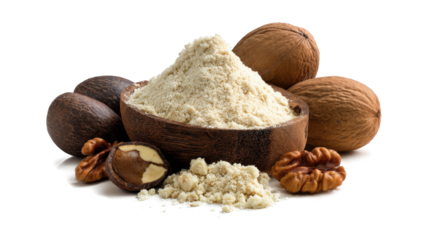 Ground shea nuts and powder natural ingredients for skin and hair care isolated on a white background