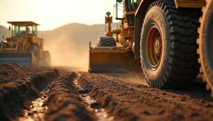 Heavy machinery levels dirt road at mine site. Grader operator prepares ground for construction project. Yellow bulldozer works outdoor under warm sun.
