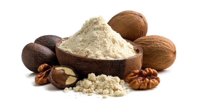 Ground shea nuts and powder natural ingredients for skin and hair care isolated on a white background