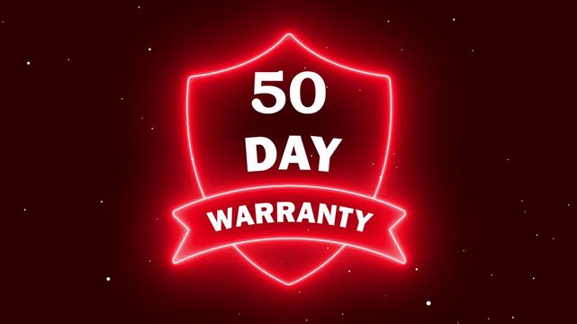 Glowing Red Neon 50 Day Warranty Shield Badge for Customer Satisfaction and Product Guarantee on Dark Background