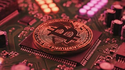 Bitcoin on a circuit board with glowing lights - Powered by Adobe