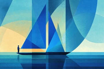 Abstract geometric sailboat with a lone figure on a calm sea