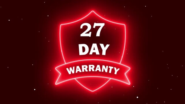 A vibrant red neon shield icon featuring '27 DAY WARRANTY' text with a ribbon banner. This glowing digital badge is set against a dark background, ideal for e-commerce trust signals and product guaran