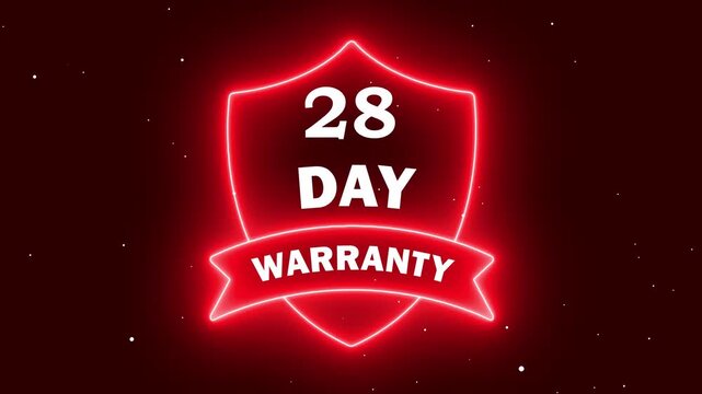 A glowing red neon shield illustration featuring the text 28 Day Warranty. This badge represents consumer protection, product guarantees, and service assurance on a dark background.