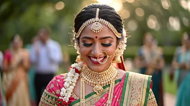 Indian bride smiling warmly in traditional wedding attire with golden jewelry and pink sari outdoors