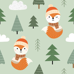 Seamless pattern with cute foxes in winter hats and scarves, forest trees and clouds on green background, woodland animal wallpaper for kids, Christmas holiday vector background.