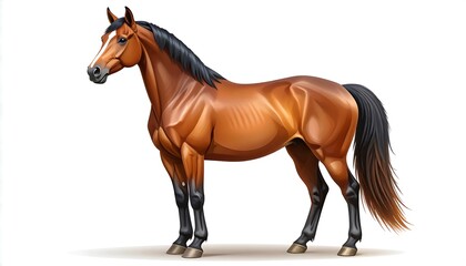 Fototapeta premium A digitally rendered, side-view of a majestic horse with a shiny, brown coat, dark mane, and tail on a white background