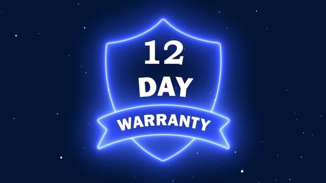 Digital Glowing Blue Neon Shield Icon with 12-Day Warranty Text for Customer Service Satisfaction and Purchase Protection Badge