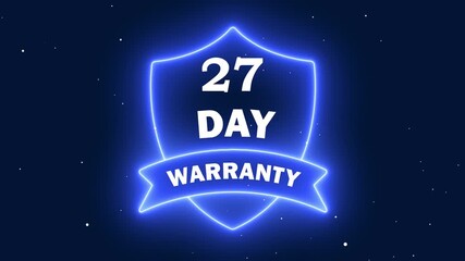A vibrant neon blue shield illustration displaying '27 DAY WARRANTY' text. This glowing badge represents a guarantee policy for products, ideal for e-commerce trust signals and customer assurance.
