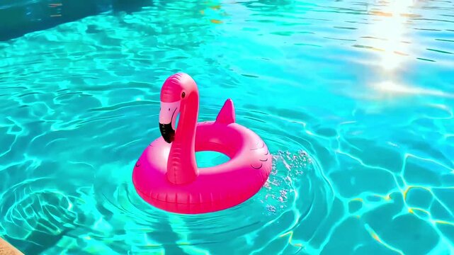 Bright pink inflatable flamingo pool float drifts gently on the shimmering turquoise water under bright sunlight during a relaxing summer day.