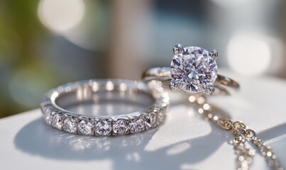 Exquisite Close-Up of Elegant Jewelry Pieces on Display in Bright Natural Light