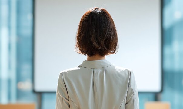Professional Woman Preparing for Interview Presentation in Modern Office Setting - Powered by Adobe