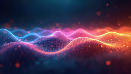 Abstract glowing waves of colorful particles move like ocean surface. Digital light particles create dynamic energy flow. Neon spectrum pulsates with bright motion.