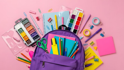 Vibrant school supplies spilling out of purple backpack on pink background
