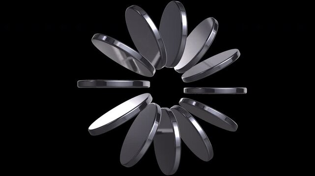 Abstract 3D Rendering of Rotating Metallic Discs in Circular Motion. Futuristic Chrome Rings Spinning on White Background Loop.