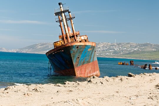Wreck of Turkish ship Hamada-S on Rimel beach and Mediterranean sea near Bizerte city. Tunisia. Africa.