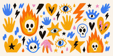 Colorful hand and spooky motif illustrations on a light beige background