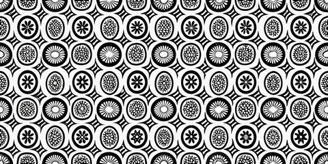 Detailed black and white pattern of repeating oval and floral shapes