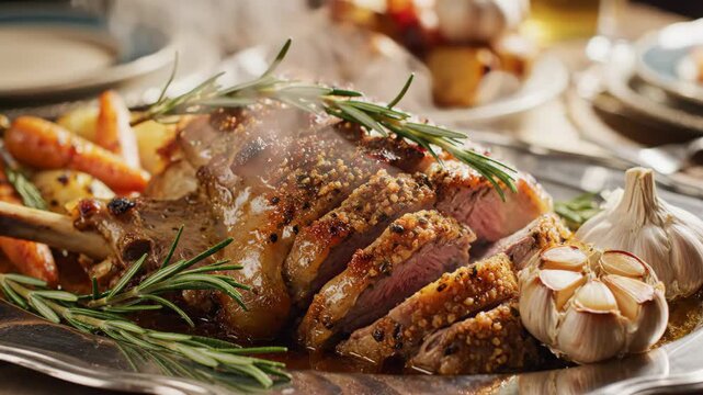 A delicious roasted leg of lamb steaming on a platter. Sliced gourmet meat dish with rosemary and garlic for a holiday feast