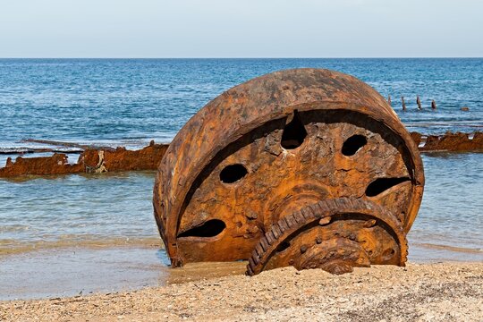 Wreck of the Greek ship Ydra on Rimel beach and Mediterranean sea near Bizerte city. Tunisia. Africa.