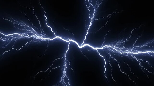 Dynamic electrical energy discharge illuminating a dark background, showcasing raw power and intense light with branching electricity in an abstract power surge