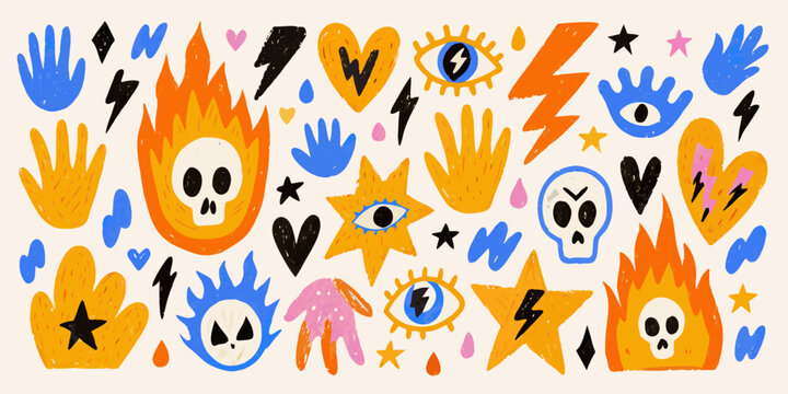 Colorful hand and spooky motif illustrations on a light beige background