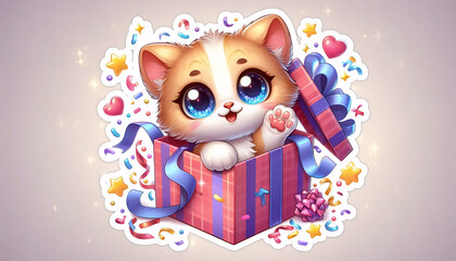 A playful kitten peeking out of a gift box sticker, Ai generated image