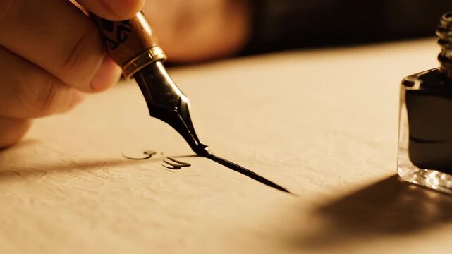 Close-up of a hand dipping a vintage fountain pen into an inkwell. Writing calligraphy with black ink on old parchment paper. The art of traditional handwriting