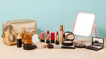 Variety of makeup products and accessories on a table