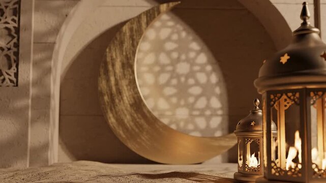 Crescent moon and lanterns in a sandy setting with decorative patterns