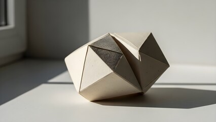 Geometric origami sculpture casting shadow against sunlight on white surface