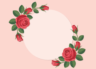 Elegant Red Rose Floral Circular Frame on Soft Pink Background.