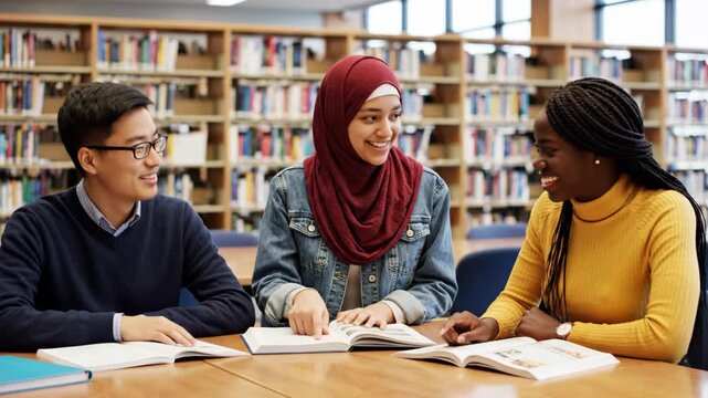 Diverse university students studying together in a library. Muslim woman in hijab explaining a topic from a textbook to her Asian and Black classmates. Education and teamwork concept