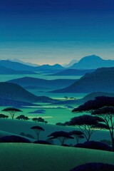 Serene African savanna landscape at dusk with rolling hills and acacia trees